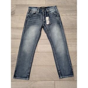 True Luck Men Classic Stretch Straight Jeans 32x30 Thick Stitch‎ w/ Flaps NWT